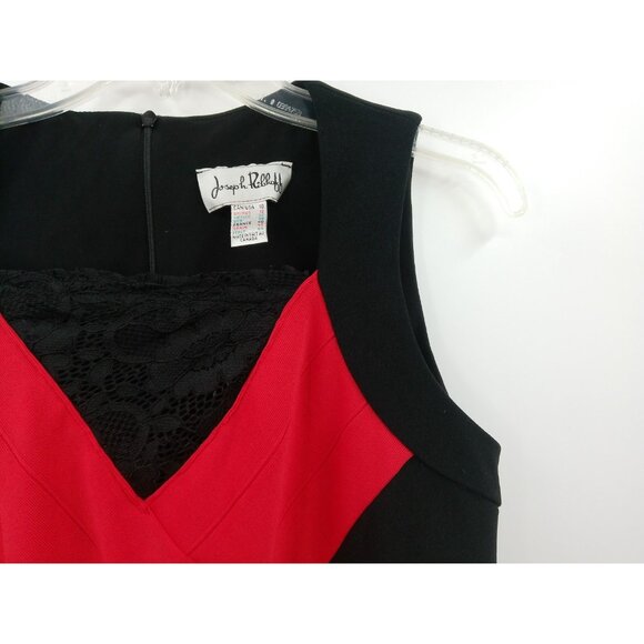 Vintage Joseph Ribkoff Bodycon Dress 10 Red Black Stretch Sleeveless Lace Panel - Picture 3 of 5